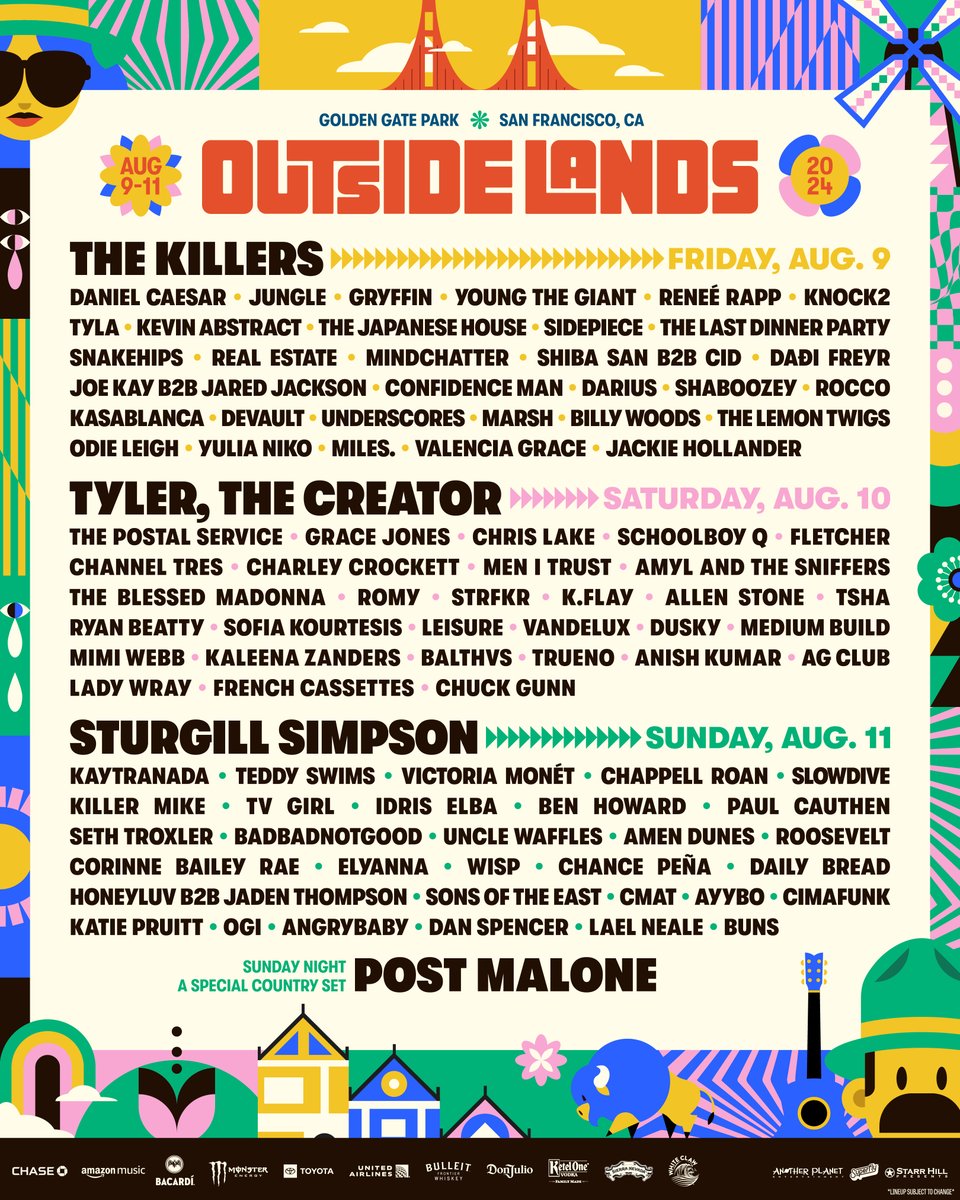 Excited to perform at @sfoutsidelands on Saturday, 8/10 in San Francisco’s Golden Gate Park. Single day tickets go on sale tomorrow, 5/30 at 10am PT: on.sfoutsidelands.com/trk/4nbRb