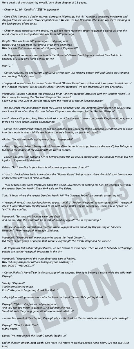 #ONEPIECE1116 #OPSPOILERS  

FULL SUMMARY FOR ONEPIECE 1116 

( via : @Mugiwara_23 )