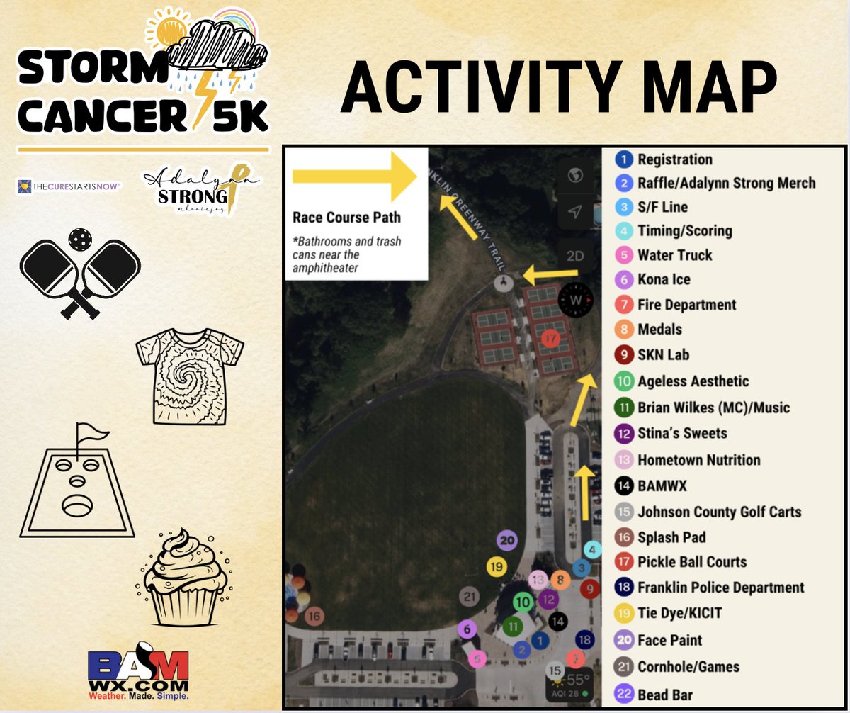 ❗STORM CANCER 5K INFORMATION❗ Optional: EARLY PACKET PICK UP --Come pick up your race packets on Saturday, June 1, from 2-4 PM at the amphitheater, otherwise packet pick up will start at 8:30 AM on Sunday! 5K RACE MAP --The 5K will start at the amphitheater at 9:30 AM (be