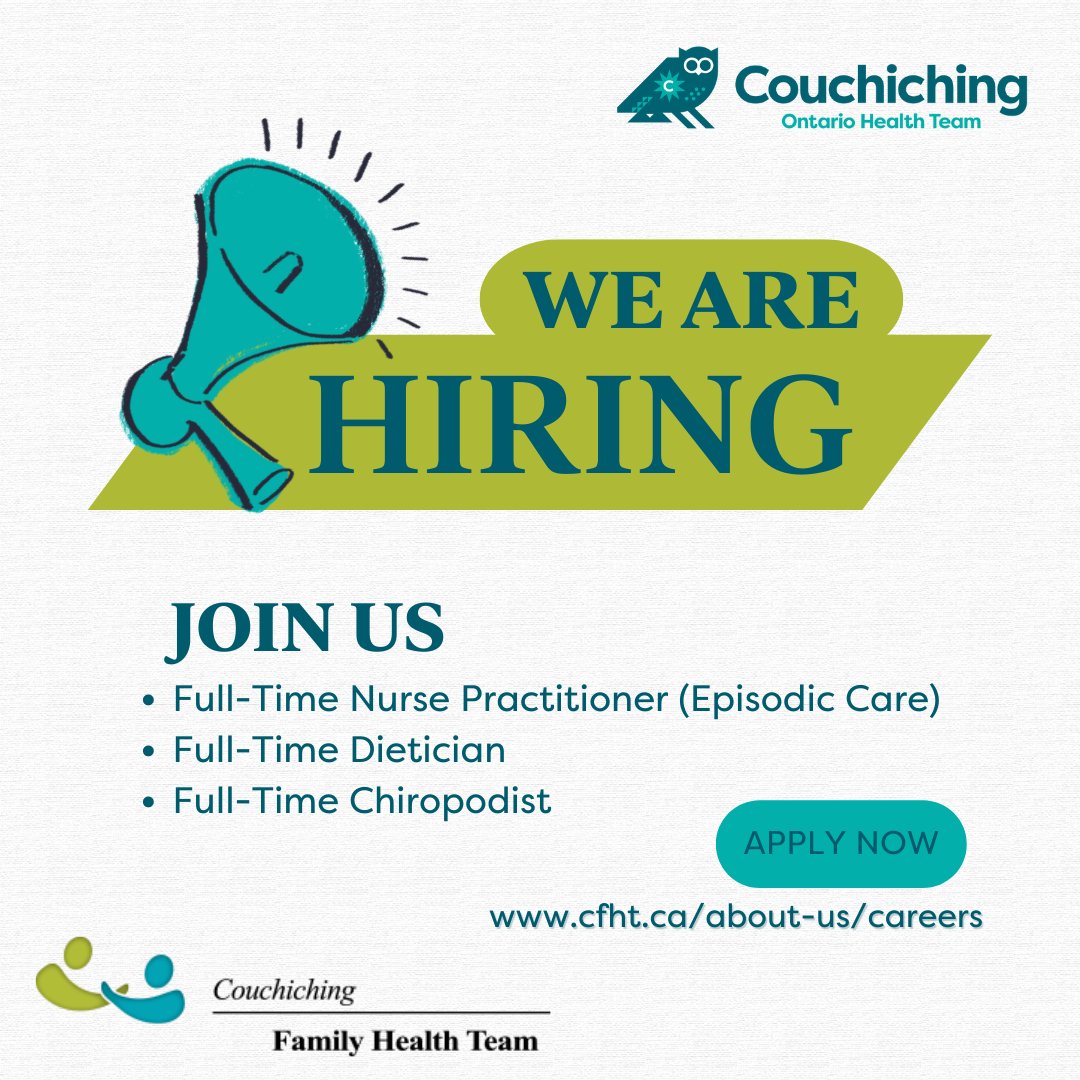 The Couchiching #FHT is looking for passionate professionals to join the team! Now hiring for NP, Dietician &amp; Chiropodist! 

Ready to contribute to positive change? We want to hear from you! Visit to learn more and apply:
cfht.ca/about-us/caree…

#OHTs #AccessToCare #OneCommunity