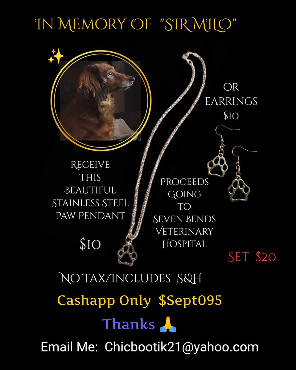 Attention all animal enthusiasts! I've teamed up with the talented artist Lyn Osbourne, who has agreed to create paw print jewelry in honor of Sir Milo. Proceeds to the Seven Bends Veterinary Hospital as a tribute to Sir Milo. Secure your stainless steel paw print necklace now.