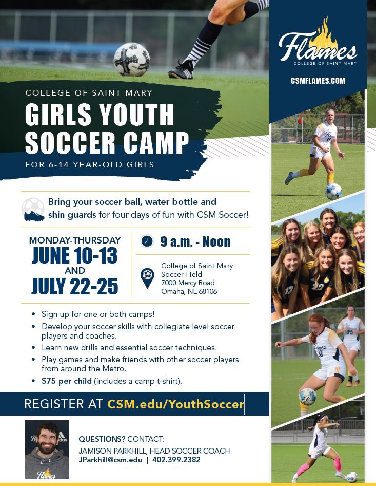 Still time to register for our Youth Soccer Camp!

June 10th-13th; 9:00 am - 12:00 pm

Register at csm.edu/youthsoccer

#FutureFlames #GoFlames