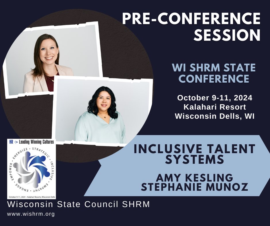 Save the Date, October 9, 2024, for our WI SHRM State Conference, Pre-Conference Sessions!    

As a crucial part of our annual state conference, we are excited to offer four pre-conference sessions.  

Stay tuned at wishrm.org/2024-State-Con……… for more information.   
#WISHRM24