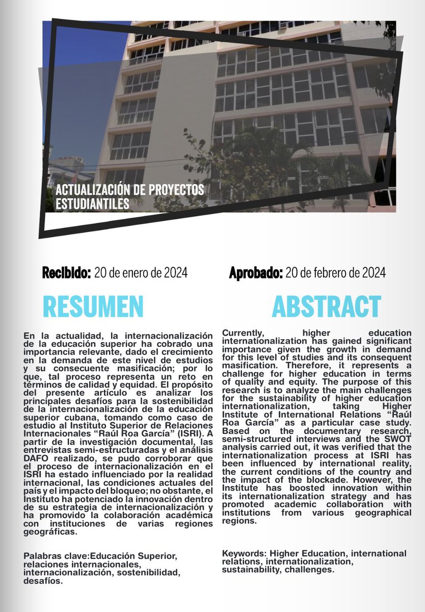 Les presentamos el artículo: 
“Desafíos para la sostenibilidad de la internacionalización de la Educación Superior: estrategia desde el Instituto Superior de Relaciones internacionales”.

Autores: Sarah Noa Ramírez e Ignacio D. Zayas.
 Nuestra página web⬇️
revistaadhoc.isri.cu/index.php/rah