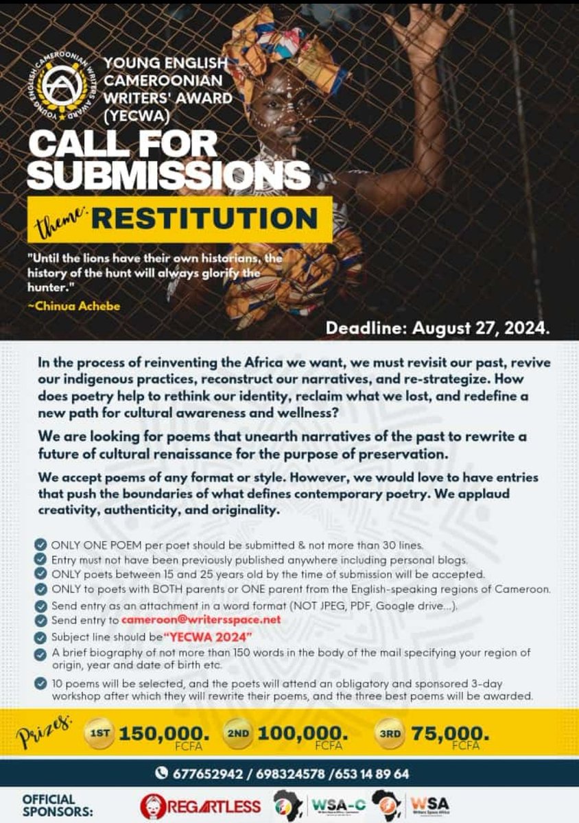 Did you know that,

You can earn up to ($248) - 150 0000 FCFA as a writer??

By participating in the YOUNG ENGLISH CAMEROONIAN WRITERS' AWARD (YECWA) you stand a chance to win this cash prize and a lot more than just cash...

See flyer for details

♻️RT if you find this helpful