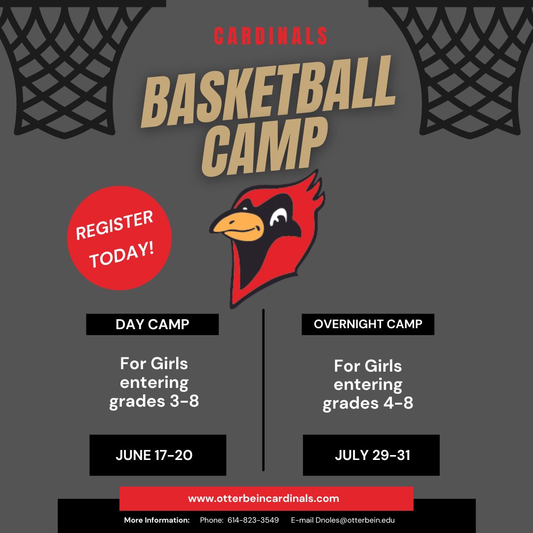 Save the date! We’ve got summer camps coming up!

🔴 Day Camp for girls entering grades 3-8

⚫️ Overnight Camp for girls entering grades 4-8

📥 Register - otterbeincardinals.com/sports/2010/8/…