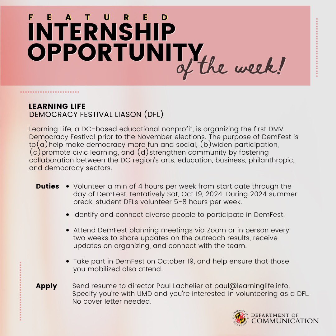 Internship opportunity of the week! 💼💪
learninglife.info/dfl

See this and other opportunities on the COMMLIST listserv and its archives found on the COMM Advising ELMS page.

Disclaimer: Posting an opportunity does not constitute an employer endorsement by the UMD COMM dept.