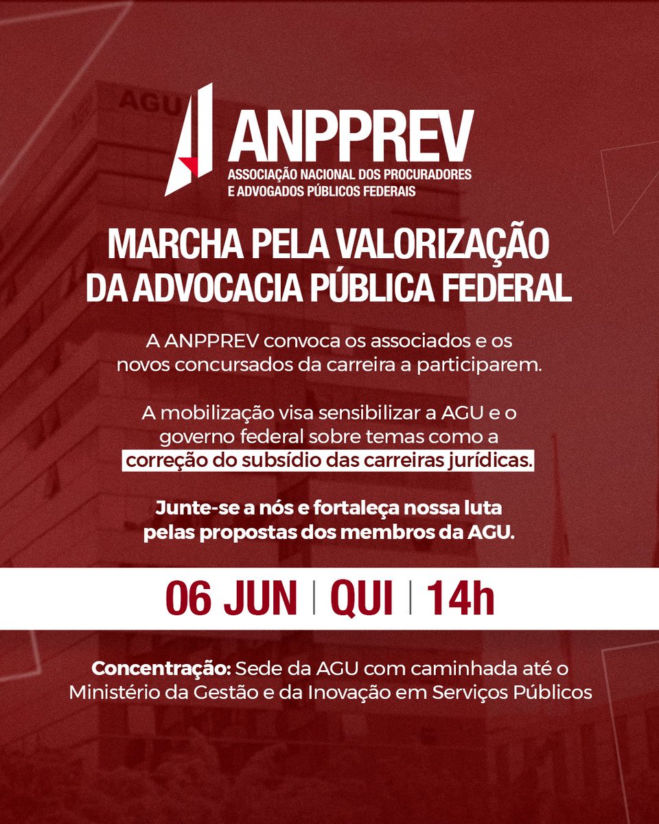 ANPPREVNACIONAL's tweet photo. Associado da ANPPREV, contamos com sua presença na Marcha para Valorização da Advocacia Pública Federal. Anote em sua agenda: Dia 06/06 (quinta-feira), com concentração a partir das 14h, em frente à sede da @AdvocaciaGeral .
#anpprev
#anpprevnacional
#AGU
#MGI
#advocaciapublica https://t.co/h4dD0HoALs