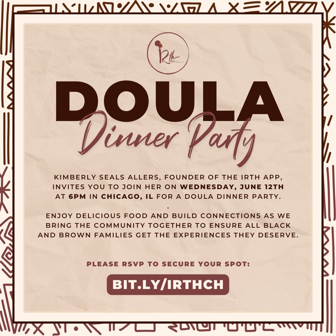 Chicago Doulas we've planned a special Doula Dinner just for you! 😍 Join Irth's founder, Kimberly Seals Allers, on June 12th to enjoy food & community as we come together to ensure all Black & brown families get the birth experiences they deserve. 🤎🙌🏾
bit.ly/irthch