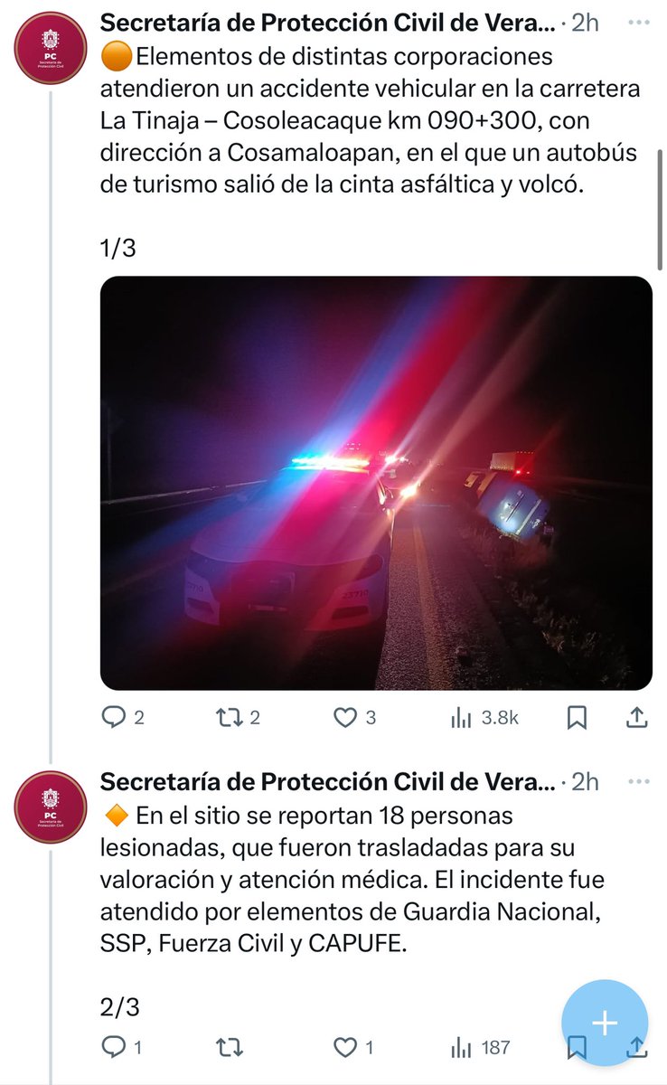 Un autobús que viajaba de Veracruz para CDMX y en el cual transportaban a personas que acudirían al mitin de @Claudiashein volcó y dejó 18 personas heridas. Así lo compartió @PCEstatalVer