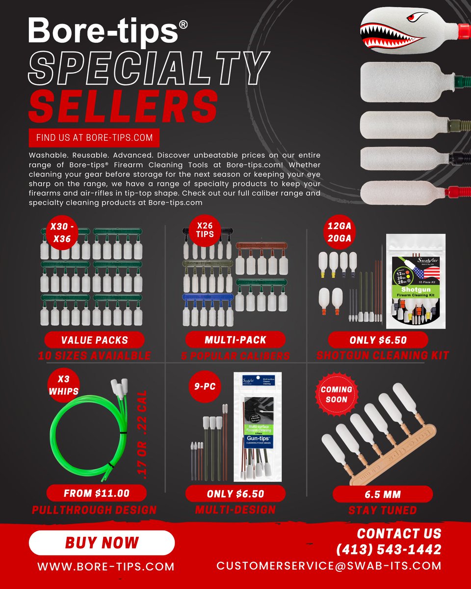 Swabits's tweet photo. Nothing pairs better with the Ultimate Firearm Cleaning Tool like Ultimate Value! Find amazing deals and value packs from our most popular models next to our most advanced designs at https://t.co/jW6rFczxUG! From Air-powered to High-powered, nothing cleans like Bore-tips https://t.co/f7hHEP1shY