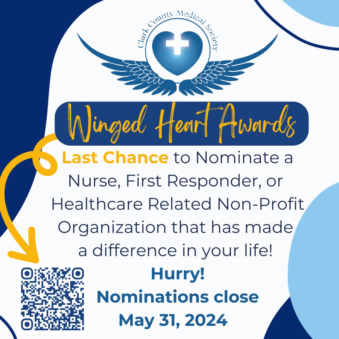 Has there been a nurse, first responder, or non-profit organization who has made a positive difference in your life or for those you love? Nominate them now to receive a Winged Heart Award! Nominations close May 31, 2024 clarkcountymedical.org/winged-heart-a… #CCMS70 #wingedheartawards