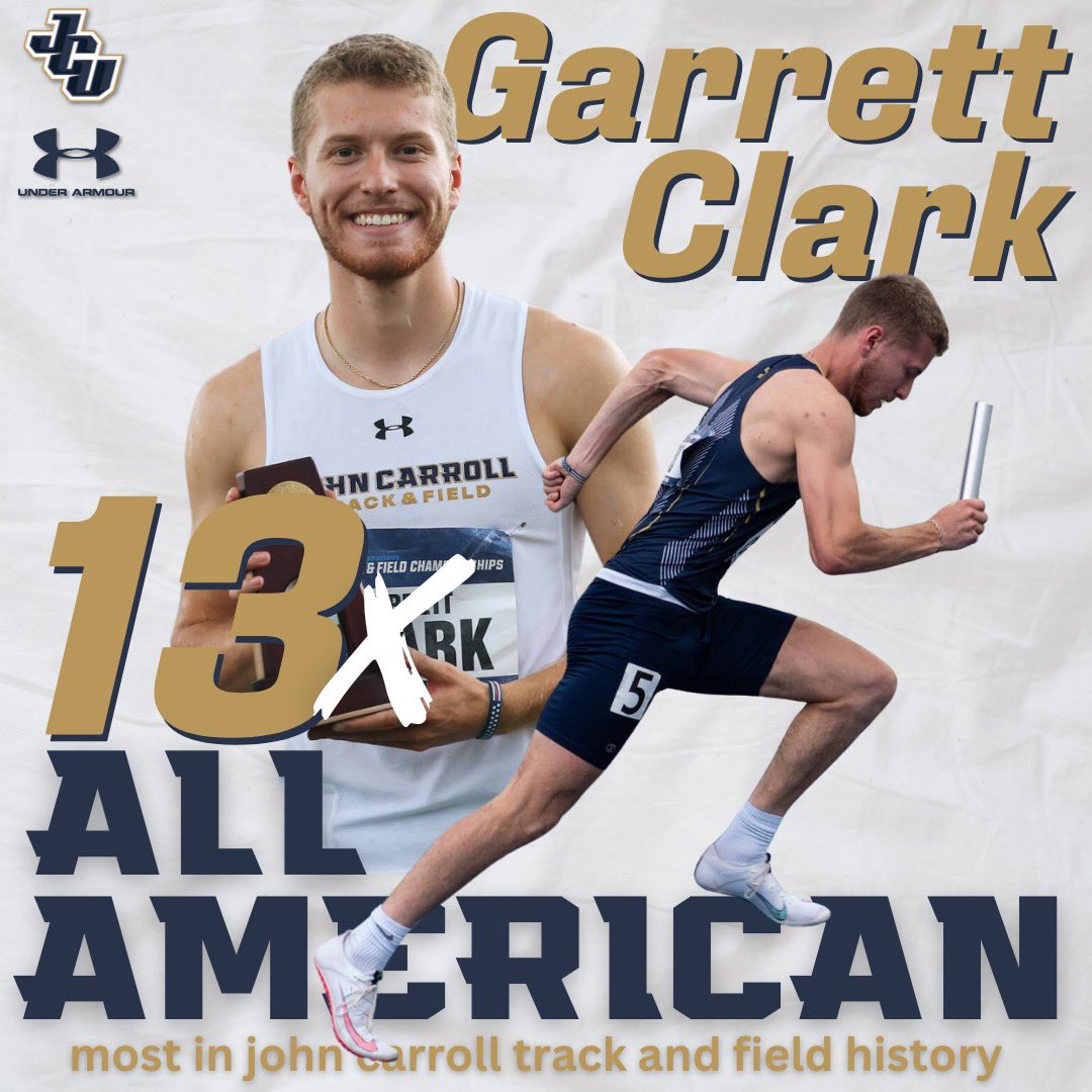 A memorable and historic career for Garrett Clark💙⚡️

⚡️Spring 2019 - Spring 2024⚡️
🔶Competed in 8 NCAA Division III National Championships

1️⃣3️⃣x All-American (Most in JCU T&amp;F Program History)
🔷Tied for most All-Time combined XC/T&amp;F w/ Alex Phillip
3️⃣x Indoor
🔟x Outdoor
6️⃣