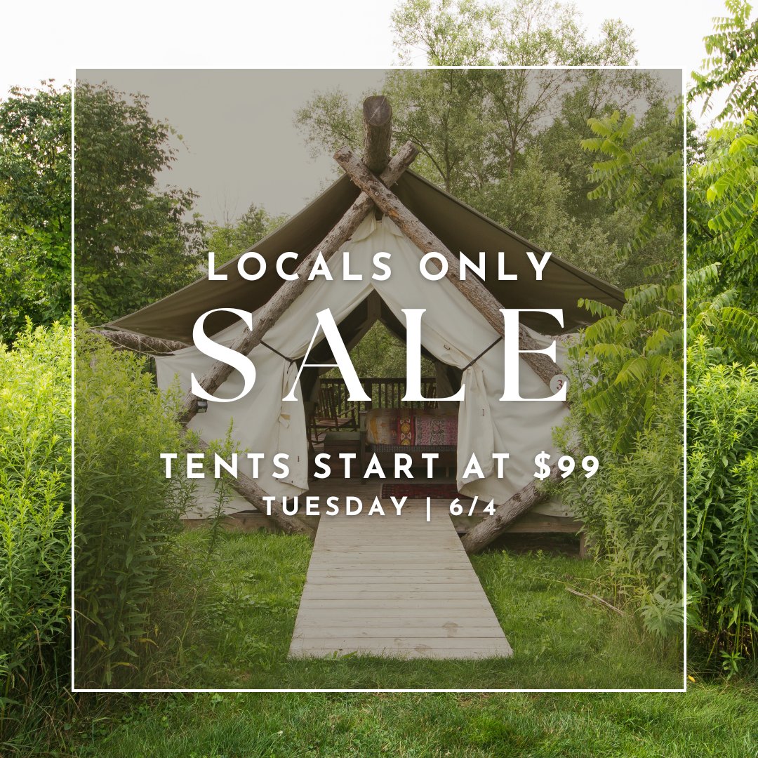 FLASH SALE ALERT: LOCALS ONLY! Escape the everyday and immerse yourself in nature’s beauty without leaving town. This Tuesday, 6/4, we’re offering an exclusive ONE-DAY flash sale just for our local community. Rates start at just $99.
Call to reserve your tent today!  607-229-1644