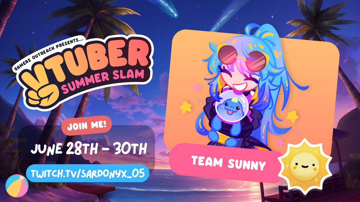 ☀️ We're back at it again! ☀️

Join me as we partner up with @GamersOutreach for this years #VTuberSS2024. Let's all join up to bring joy to kids and their families through GO Karts and games! 

I'll be playing along side friends and bringing on the laughs as we work together!