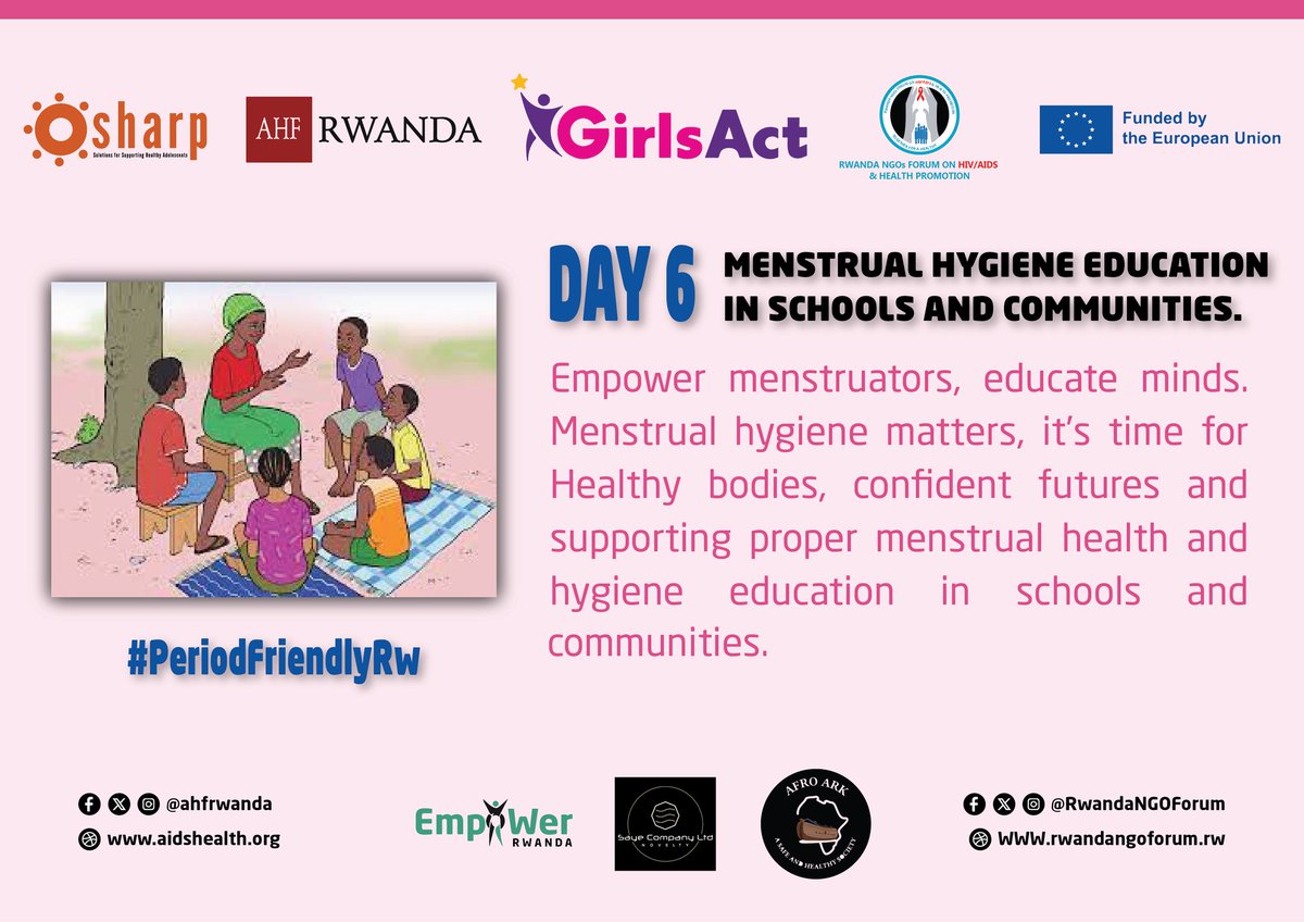 Leaders, teachers,& all school personnel fraternity, it's time you normalize and preach acceptance of menstruation.This promotes inclusion, equality, & performance of all students, particularly menstruators
#PeriodFriendlyRw 
#MHD24 
@ahfrwanda @EUinRW @RBCRwanda @RwandaNGOForum