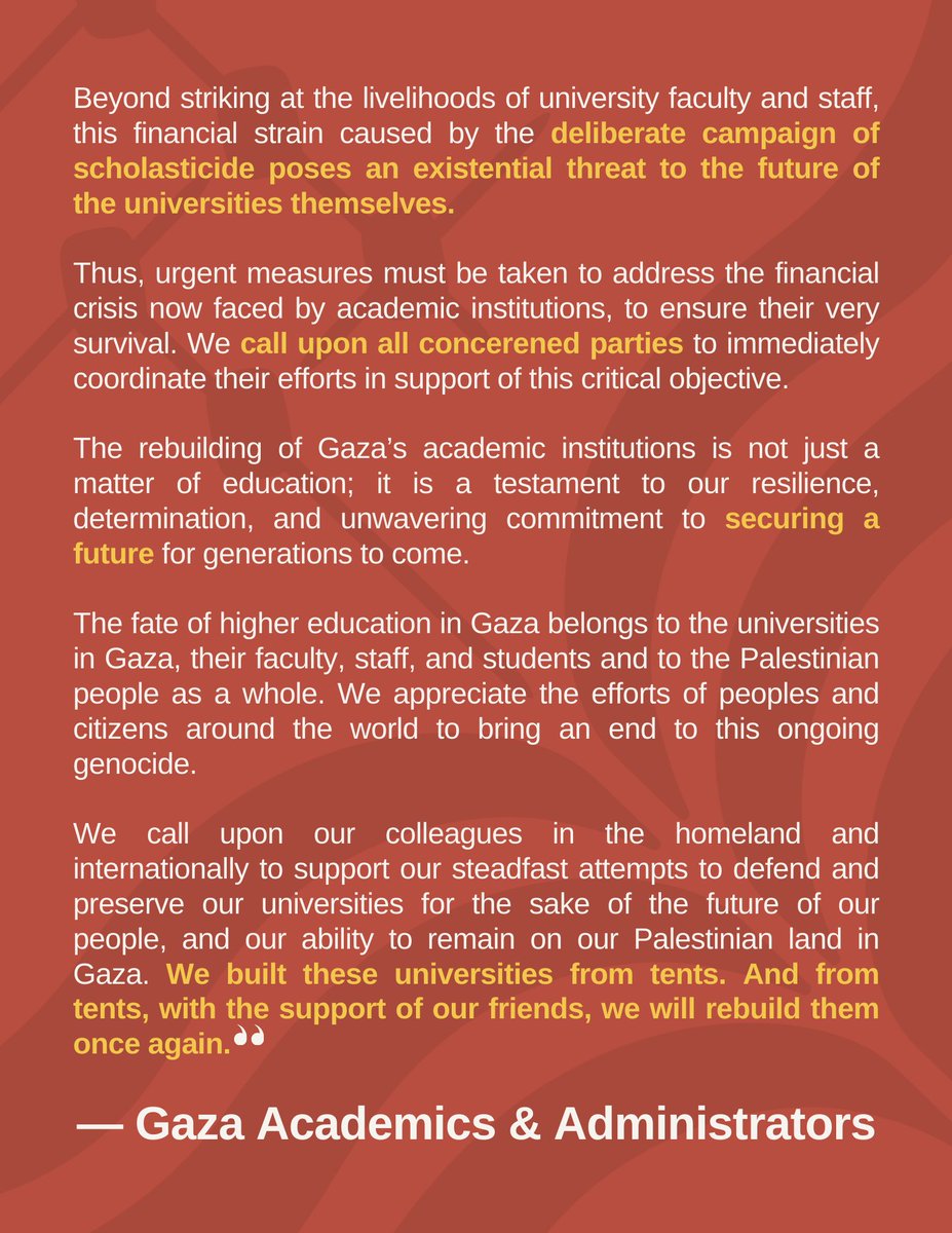 Open letter by Gaza academics and university administrators to the world: We call on our supporters to help us resist the Israeli campaign of scholasticide and rebuild our universities

'We built these universities from tents. And from tents, with the support of our friends, we