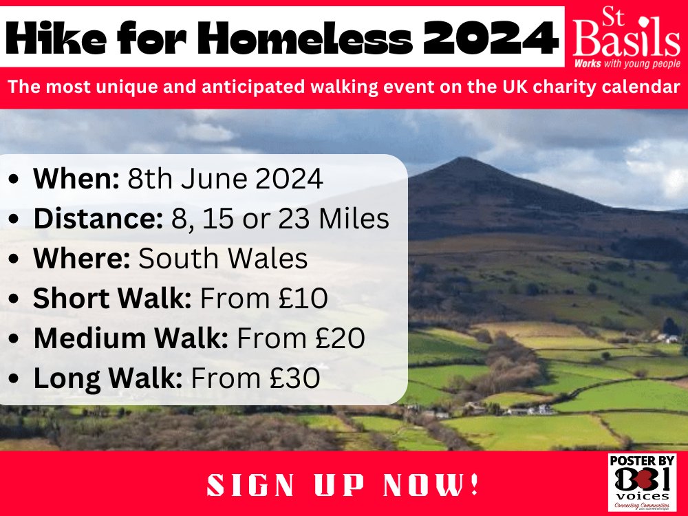 #SWBrumEVENTS – Hike for Homeless 2024 🥾
INFO/REGISTER:👉 tinyurl.com/5ftweht9

Up for a challenge? 😎

#B31VoicesSupportingLocal 
#StBasils
#HikeforHomeless 
#Homelessness
#Abergavenny
#Birmingham 
#B31Voices
 @StBasilsCharity 
@St Basils Charity  
@stbasils.charity