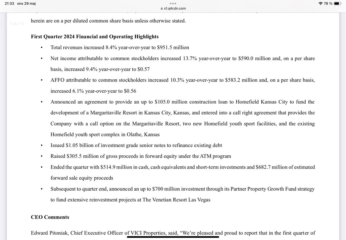 Nytt bolag på bevakningslistan, #viciproperties (tack Johan). 

Inte hört talas om bolaget sen tidigare men efter att ha kollat igenom senaste årsrapporten och q1’an så måste jag säga att det ser väldigt intressant ut.

Nån med mer koll?
#finanstwitter, #aktier