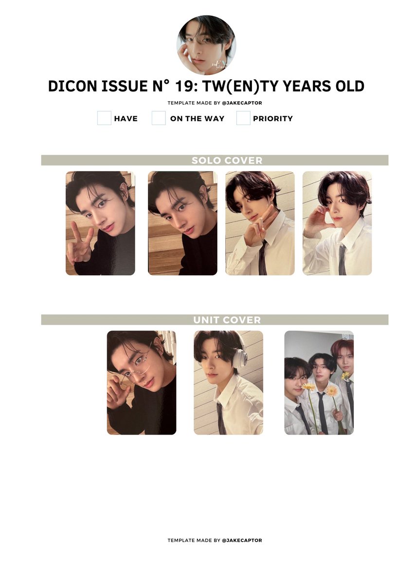ENHYPEN JAKE DICON ISSUE 19: TW(EN)TY YEARS OLD PHOTOCARD WISHLIST TEMPLATE 🤍

if you use it don’t cut the credits