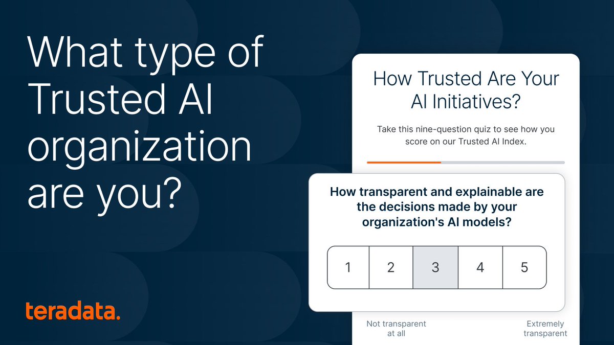 Teradata's tweet photo. Take our 9-question quiz to see how you score on the Trusted AI Index—and find out what steps to take to keep the momentum going on your AI journey. https://t.co/UjP7yCF9aa https://t.co/PaAd8aBvHT