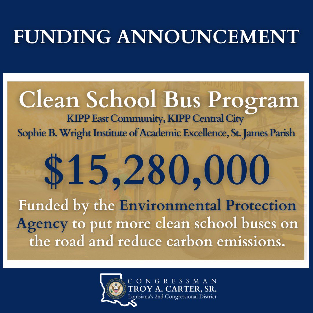 Proud to announce that #LA02 is receiving $15.28 MILLION for electric busses. This will reduce #CarbonEmissions in #Louisiana and is a vital step toward #EnvironmentalJustice. I’m happy to have voted for and helped craft the #BipartisanInfrastructureLaw to make this possible.