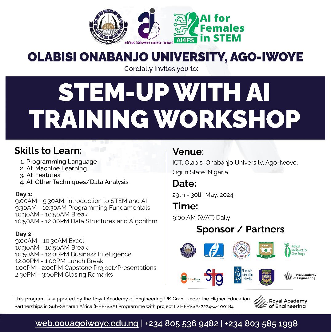 TRAIL_AI's tweet photo. 𝗦𝗧𝗘𝗠 -𝗨𝗣 𝘄𝗶𝘁𝗵 𝗔𝗜 𝗧𝗿𝗮𝗶𝗻𝗶𝗻𝗴 𝗪𝗼𝗿𝗸𝘀𝗵𝗼𝗽

We're excited to announce a comprehensive two-day workshop powered by AI for Female in STEM (AIFS), designed to equip participants with essential skills in Python, AI, Machine Learning, and more. https://t.co/PEKgFI7fTa