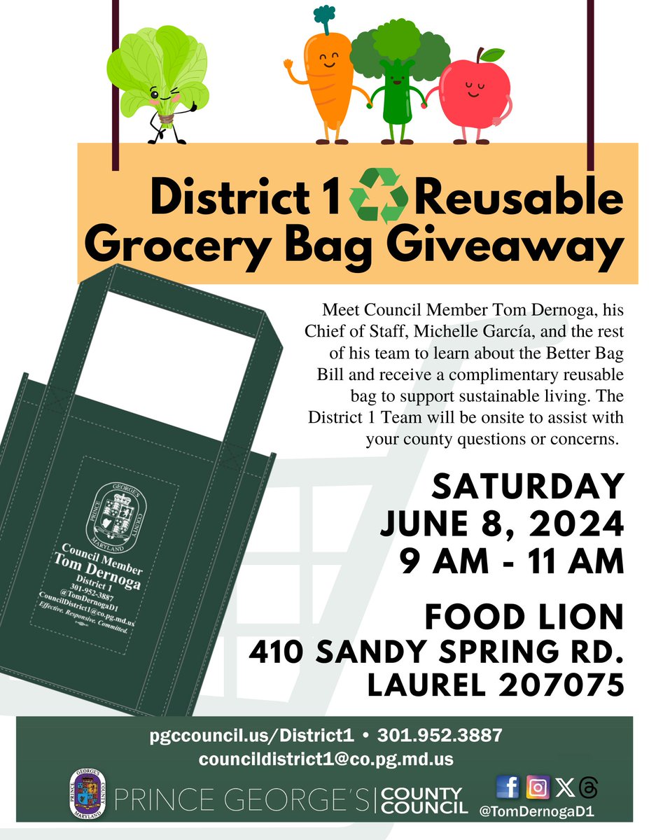 🛍️ Stop by to collect a reusable grocery bag on Sat, June 8 from 9-11AM at Food Lion in #Laurel. The #PGCD1Team & I will be onsite to assist w/ questions or concerns. #PGCD1 #environment #environmentalawareness #environmental #gogreen #sustainable #zerowaste