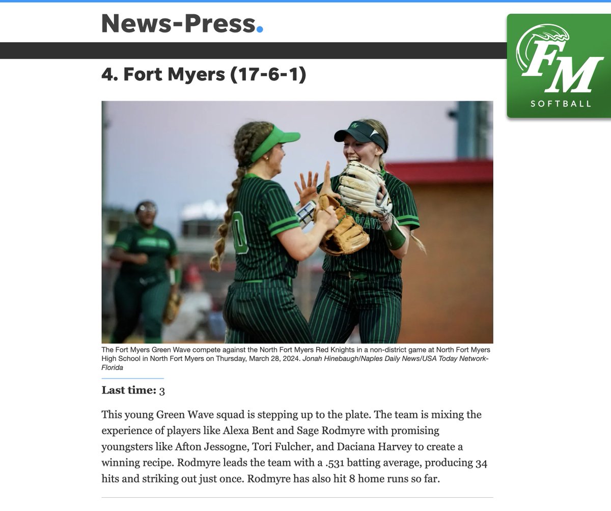 Btw, our #greenies finished the regular season ranking 4th in the area. 💪💚 Thank you @TheNewsPress !! @FMHSAthletics @FMHS_Boosters 👉 news-press.com/story/sports/h…