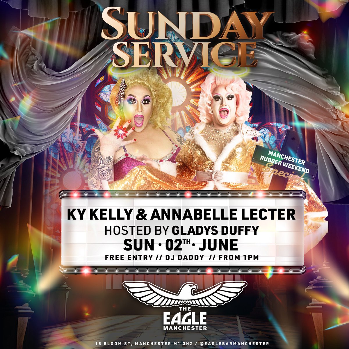 we have not 1, not 2 but 3 queens taking to the stage for Sunday Service this week! <a href="/KYKellyOfficial/">KY Kelly</a> and <a href="/AnnabelleLectr/">Annabelle Lecter</a> are taking to the stage with Gladys Duffy as your host! 

limited tables are available, book yours by clicking the link; eaglemanchester.com/event-details/…