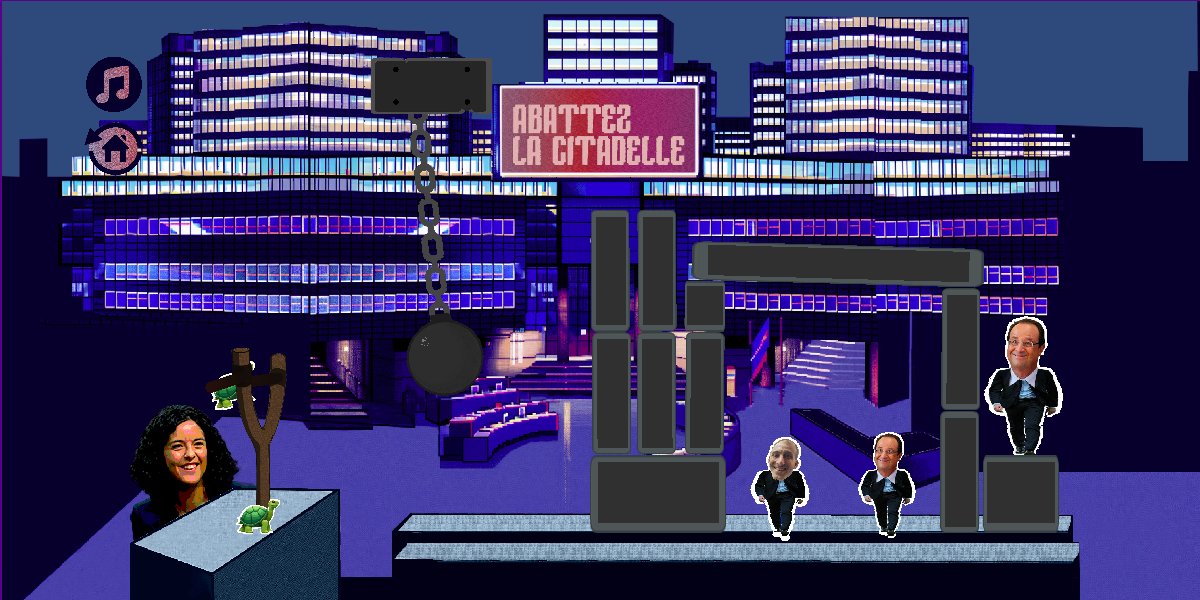 Les jeunes insoumis ont mis en ligne ce mercredi leur jeu "Abattez la citadelle". Le principe ? Envoyer des tortues (l'animal totem de Jean-Luc Mélenchon) sur Jordan Bardella, Emmanuel Macron, Valérie Hayer, François Hollande et Raphaël Glucksmann. <a href="/libe/">Libération</a>