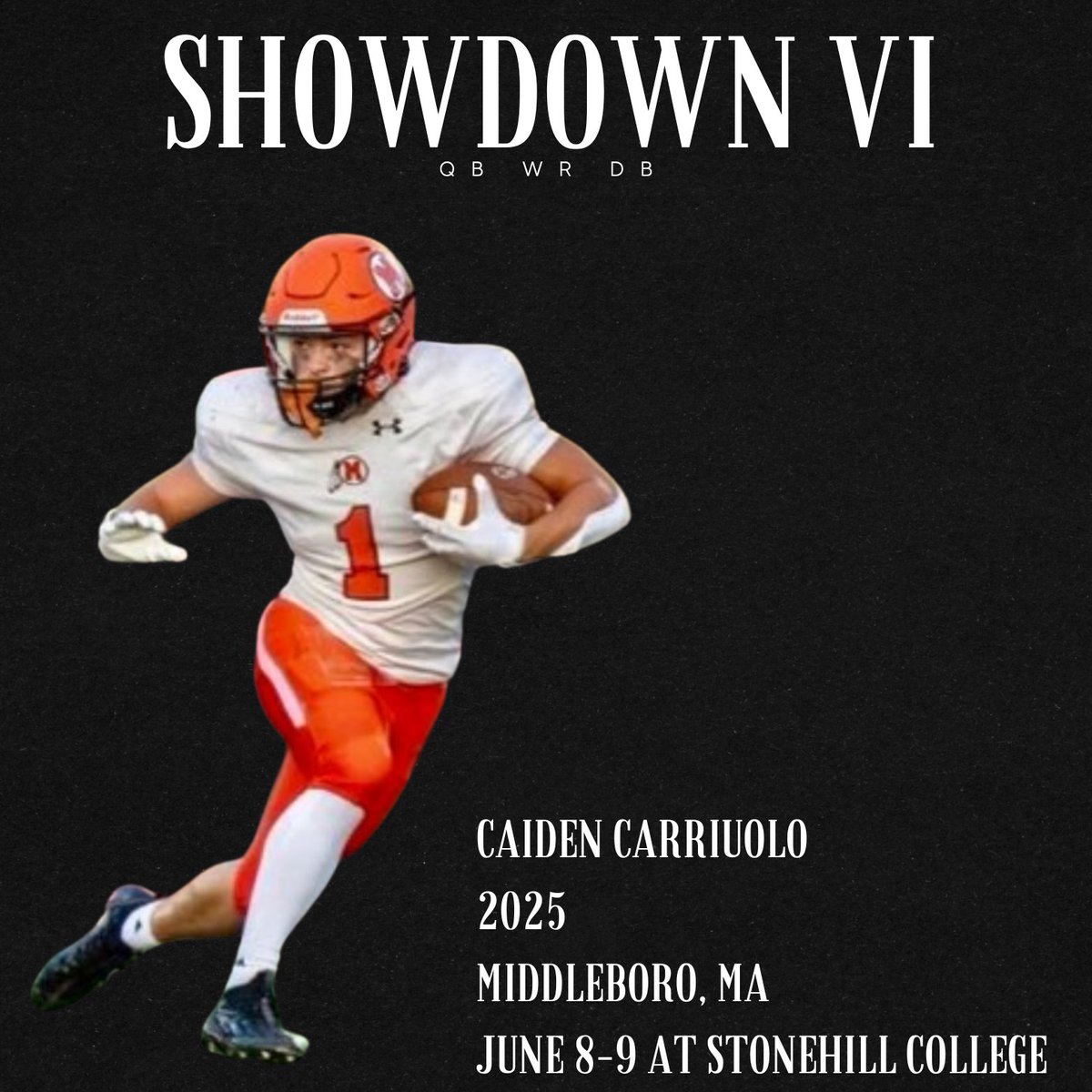 M2 QB Academy (@m2_qbacademy) on Twitter photo Excited to have WR <a href="/Caiden2025/">Caiden Carriuolo</a> competing in our June 8-9 <a href="/StonehillFB/">Stonehill Football #DIG</a> Showdown Camp.
Caiden is a shifty WR who's a difficult assignment for any DB. We are excited to see him compete.
<a href="/ShowdownCamp/">Showdown VI 2024</a> Excited to have WR <a href="/Caiden2025/">Caiden Carriuolo</a> competing in our June 8-9 <a href="/StonehillFB/">Stonehill Football #DIG</a> Showdown Camp.
Caiden is a shifty WR who's a difficult assignment for any DB. We are excited to see him compete.
<a href="/ShowdownCamp/">Showdown VI 2024</a>