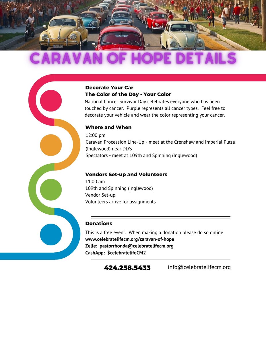 Caravan of Hope is @celebratelifecm
annual celebratory parade to honor all cancer survivors! Bring your family and friends. Decorate your cars, make signs, make some noise, and CELEBRATE with those in treatment and out of treatment. #whattodoinla #cancersurvivorcelebration