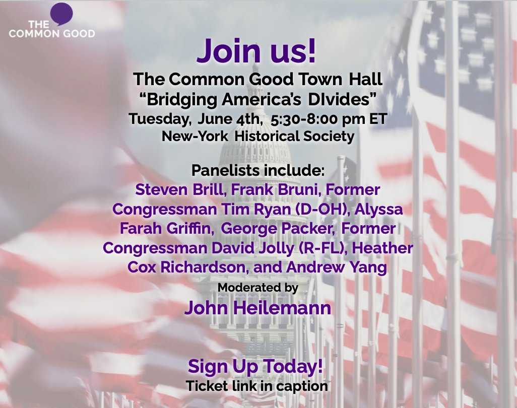 According to The Common Good Survey, 72% of Americans believe political division is a threat to U.S. democracy. Join us and our incredible panel of speakers on June 4th to tackle the causes and cures of this polarization. thecommongoodus.org/upcoming-event…