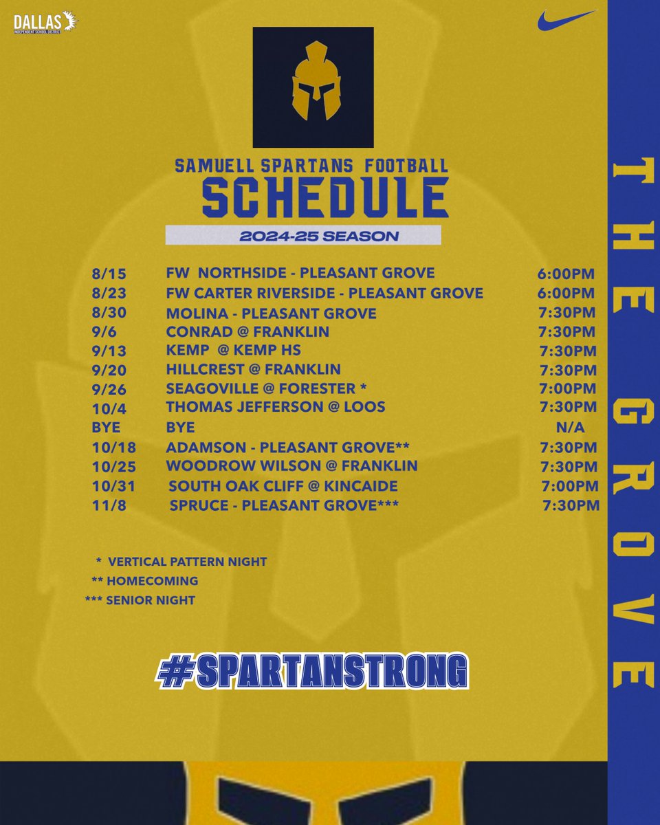 Check out the 2024-25 Samuell Spartans Football Schedule!!! The Spartans are ready to put on for THE GROVE!!! #SpartanStrong