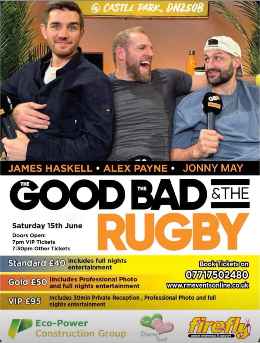 𝐓𝐡𝐞 𝐆𝐨𝐨𝐝, 𝐓𝐡𝐞 𝐁𝐚𝐝 & 𝐓𝐡𝐞 𝐑𝐮𝐠𝐛𝐲 🏉 James Haskell, Alex Payne & Jonny May are coming to Doncaster 🏟️ 📆 Saturday 15th June 📍 Castle Park Ticket prices start at just £40 😎 Get your tickets here: rmeventsonline.co.uk/event/the-good… 🎟️