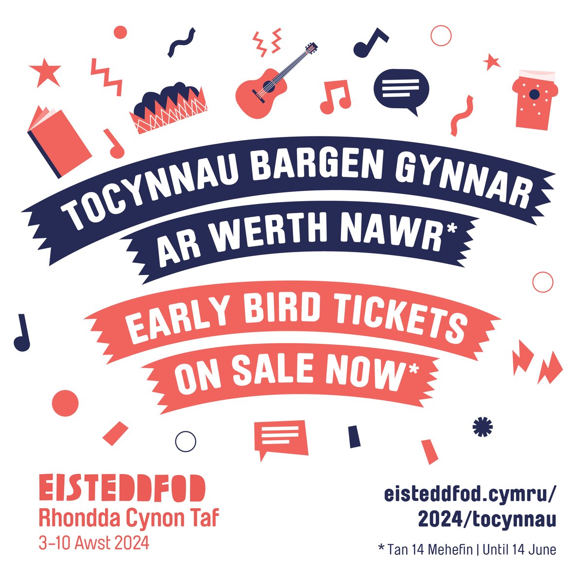 Mae tocynnau mynediad bargen gynnar Maes Eisteddfod Genedlaethol Rhondda Cynon Taf ar werth! 

📆 Ymunwch gyda ni ym Mharc Ynysangharad Pontypridd 3 - 10 Awst 2024 - #Steddfod2024

🎟️ Prynwch eich tocyn am bris gostyngedig heddiw 👉 
eisteddfod.ticketsrv.co.uk/parentlist/3