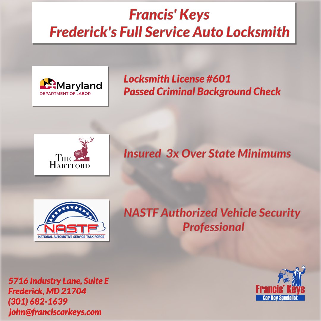franciscarkeys's tweet image. Frederick, MDs full service auto key replacement specialist

Maryland licensed and insured

#FrederickMD #carkeyreplacement #keyfobs