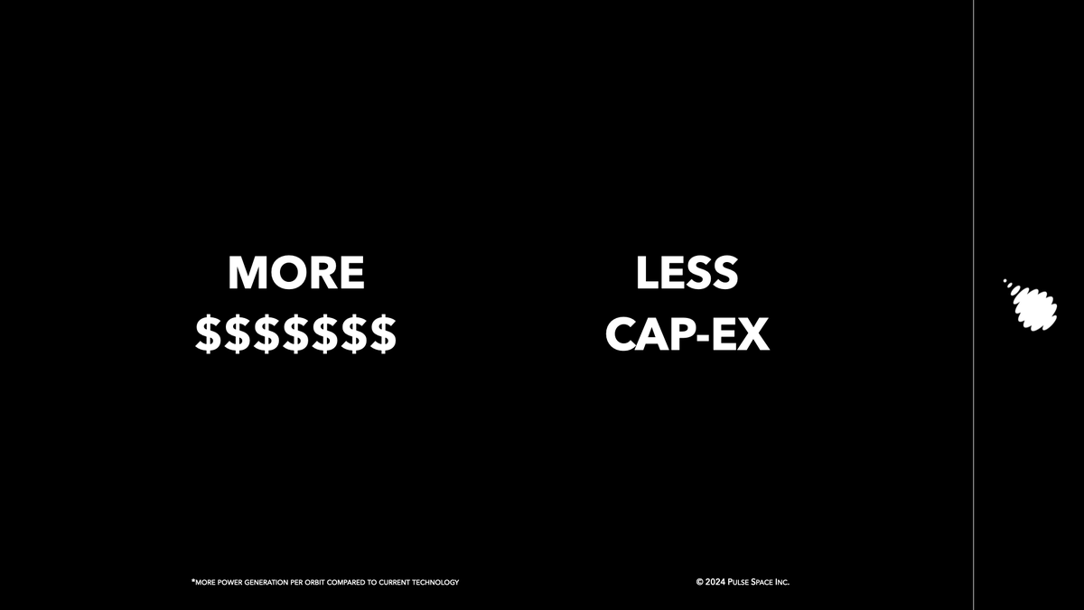 PulseSpace's tweet image. Shift the power budget from cap-ex to op-ex and increase your capabilities and revenue. More money is always better.

Power. Reimagined.

#pulsespace #remotepower #space #powerreimagined