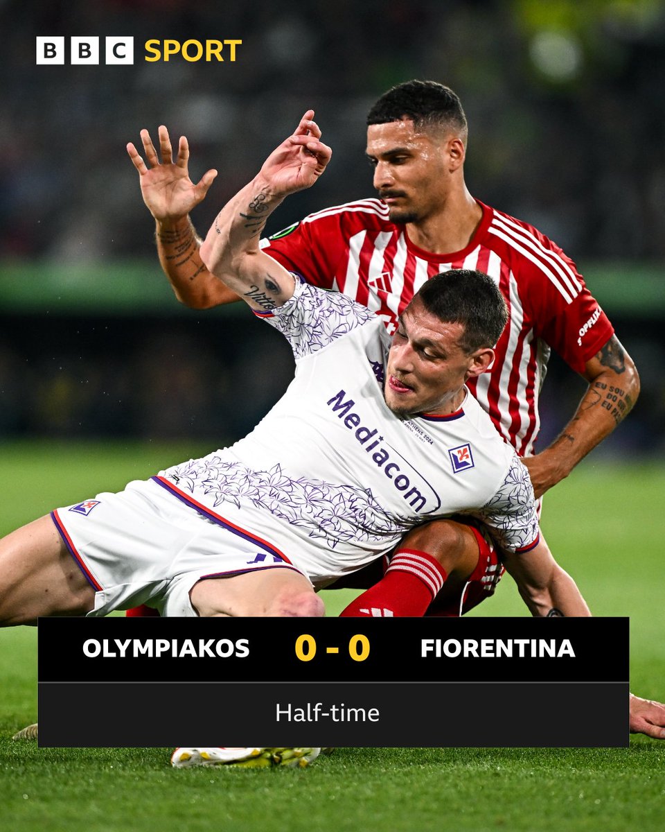 RhinoHitz's tweet photo. BBCSport: The #UECL final is goalless at the break.

Olympiakos and Fiorentina are cancelling each other out so far.

#BBCFootball https://t.co/6TGzr556qk