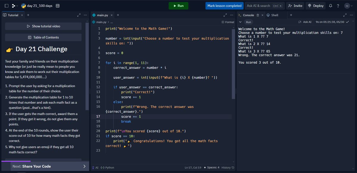 NikunjVisavadia's tweet photo. Aap bhi batao kitna score aya aapka
Let's multiply on the floor. Why? Because you can't use tables ๐.
Day 21 of #Replit100DaysOfCode #100DaysOfCode #python #CodingInPython #CodingInPython #PythonProgramming
Join me on https://t.co/anJwQKi3F4 https://t.co/aXYQKXDCQ0
