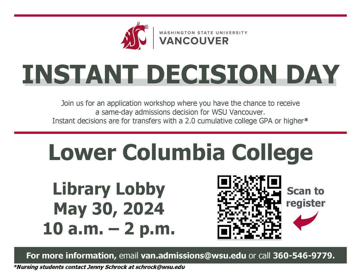 WSUVancouver's tweet photo. Instant Decision Day! Join us for an application workshop where you have the chance to receive a same-day admissions decision for WSU Vancouver. @LowerCC Library Lobby. May 30, 2024. 10 a.m. β 2 p.m.
#WSUV #GoVanCougs https://t.co/vITEbOwF2G
