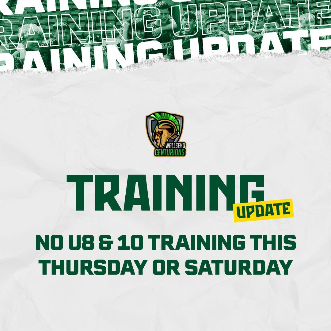 𝗧𝗥𝗔𝗜𝗡𝗜𝗡𝗚 𝗨𝗣𝗗𝗔𝗧𝗘

There will be no training for our U8 &amp; 10 Centurions this week due to half-term.

U12 &amp; 14 training will go ahead as normal tomorrow evening, 7-8PM, as the U14 Centurions prepare to head to Cramlingon Rockets this weekend.

#WallsendCenturions