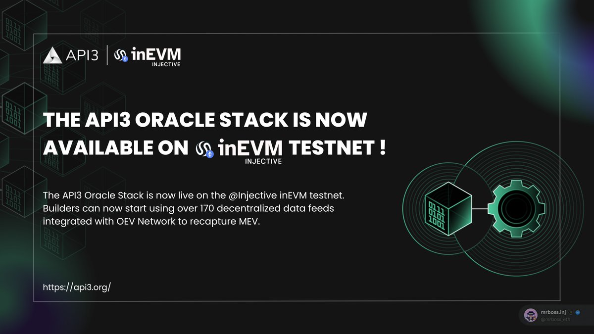 The API3 Oracle Stack is now live on the @Injective inEVM testnet and will soon be on Mainnet🥷🏼. 

Builders can access over 170 decentralized data feeds, offering reliable and transparent data for their applications. These feeds will be integrated with the @OEVNetwork, allowing