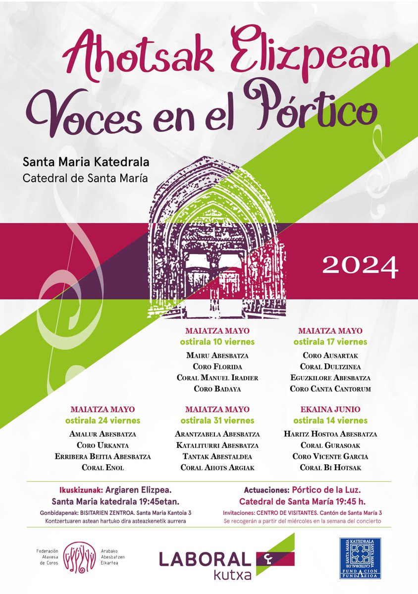 ahotsargiak's tweet photo. 💚 GURE TXANDA! / ¡NOS TOCA! 💚

Volvemos un año más al Pórtico de la Luz de @CatedralVitoria de la mano de @LABORALkutxa y la Federación Alavesa de Coros.

📆 Viernes 31 de mayo 
🕖 19:45 horas
⚠️ Entrada con INVITACIÓN https://t.co/84EhYavddf