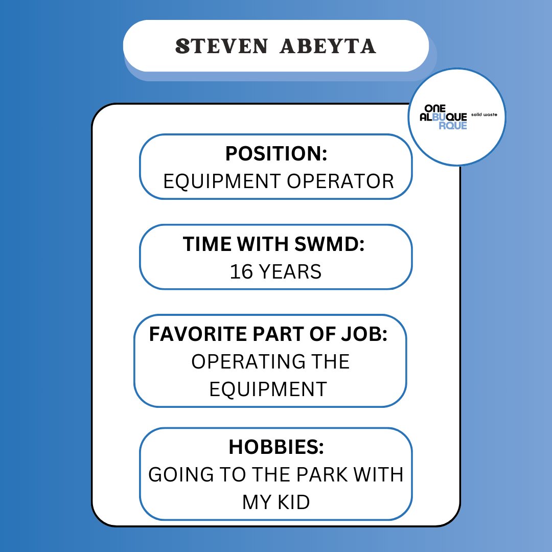 🎉 Happy #SolidWasteWednesday! 🎉 Today we are celebrating Steven Abeyeta's 16 years of hard work with the Solid Waste Department. Let's show him some appreciation in the comments below! . . . #OneAlbuquerque #SolidWasteDepartment #KeepAlbuquerqueBeautiful #EmployeeAppreciation