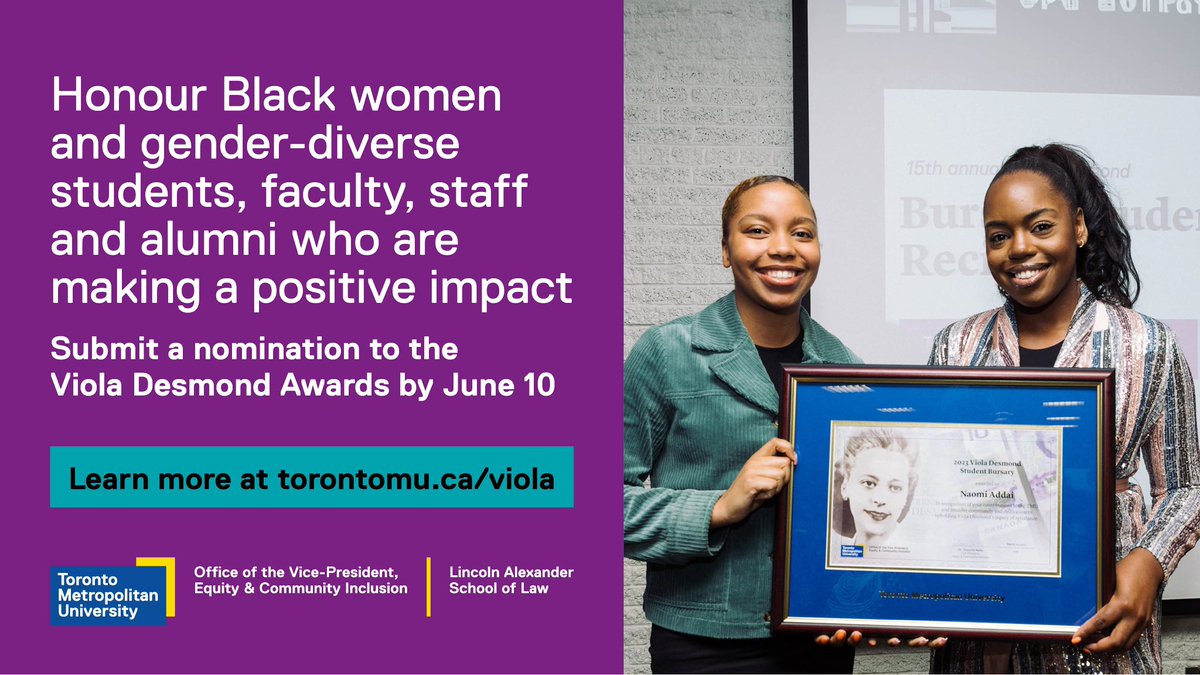 Celebrate Black women and gender-diverse students, faculty, staff and alumni @TorontoMet through the Viola Desmond Awards. Submit your nomination and honour those making a positive impact by June 10! #ViolaDesmondAwards

Learn more at torontomu.ca/viola.