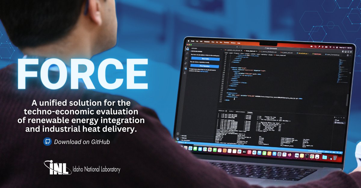 FORCE, @INL's open-source tool for integrated energy systems analysis, is a unified solution for the techno-economic evaluation of #RenewableEnergy integration and industrial heat delivery. 🌱⚡ Download FORCE ➡️ github.com/idaholab/FORCE Learn more ➡️ ies.inl.gov/SitePages/FORC…
