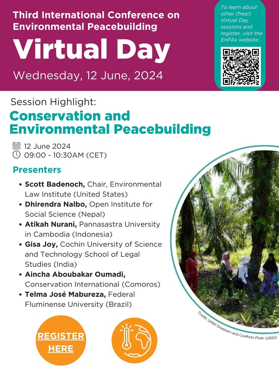 The Virtual Day for the Third International Conference on Environmental Peacebuilding is on 12 June. Join us at 9am (session 1) for "Conservation and Environmental Peacebuilding". Scan the QR code for more information and the registration link.