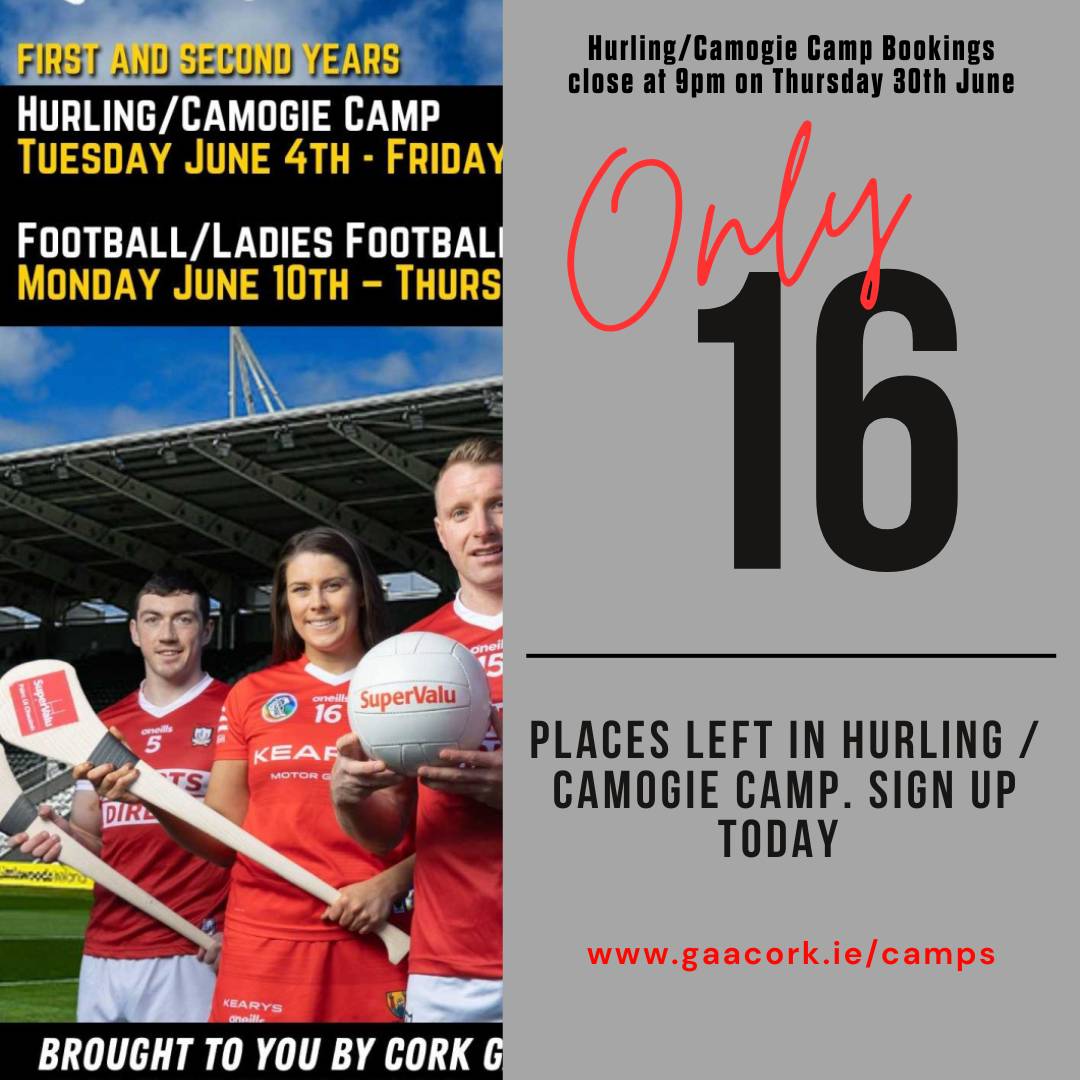 Just 16 places remaining in our Hurling / camogie camps. The camps will close at 9pm on Thursday 30th May. No additional places will be available. More information at gaacork.ie/camps